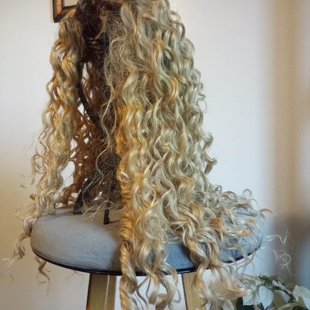 ASH BLONDE w/DARK ROOT CORSCREW LACE FRONT WIG - Picture 4 of 5